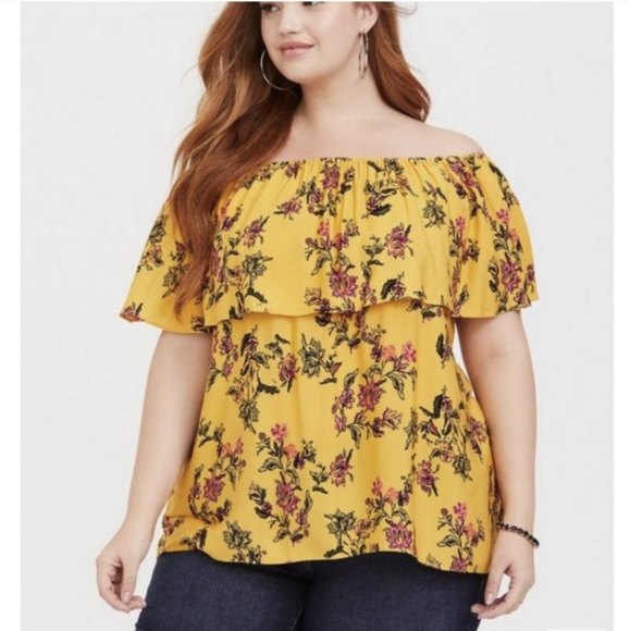 TORRID FLORAL CREPE EMBROIDERED RUFFLE OFF-SHOULDER TOP - Picture 9 of 9